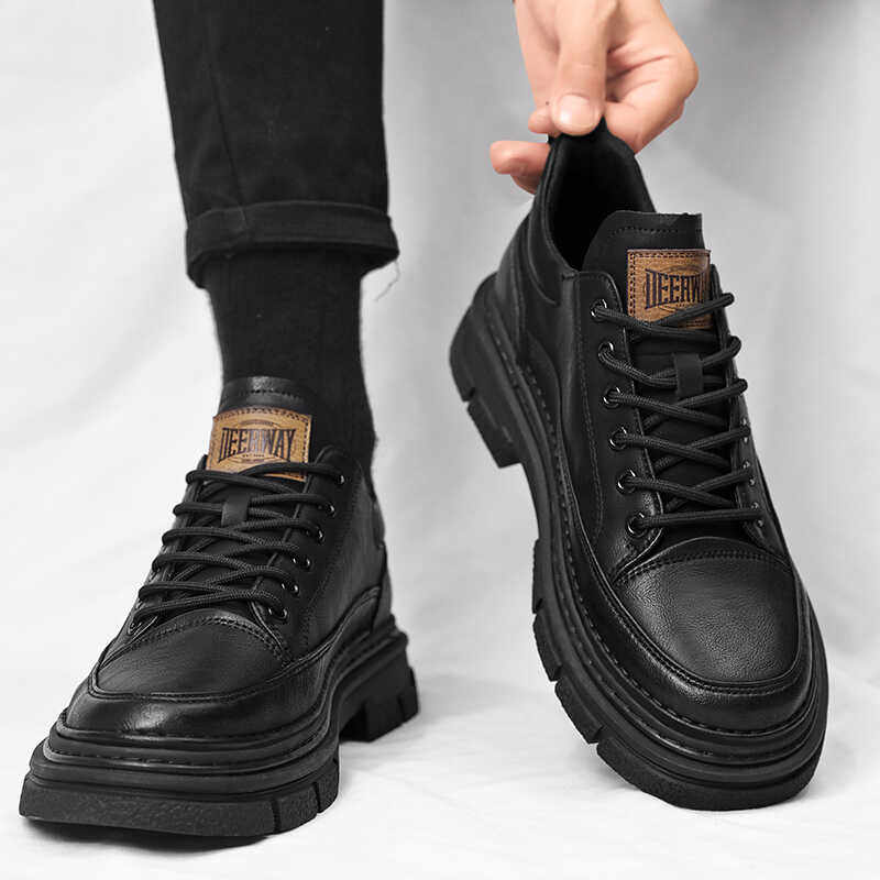 男鞋2025新款冬季英伦商务休闲皮鞋大头内增高黑色真皮低帮马丁靴