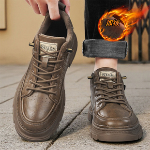 男鞋2025新款秋冬季真皮加绒鞋子男款板鞋复古英伦风男士休闲皮鞋
