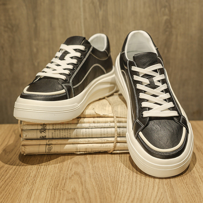 白底黑面男鞋冬季休闲鞋子男轻便软底板鞋高级感痞帅男士皮鞋厚底