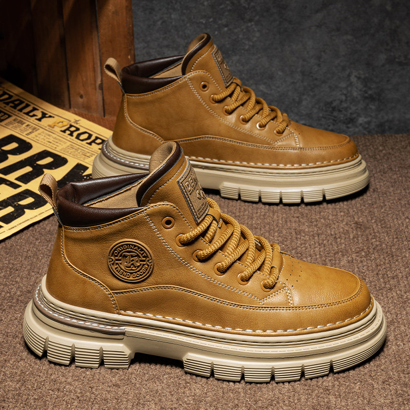 马丁靴男款冬季休闲真皮高帮皮靴男士防滑增高英伦复古棕色工装靴