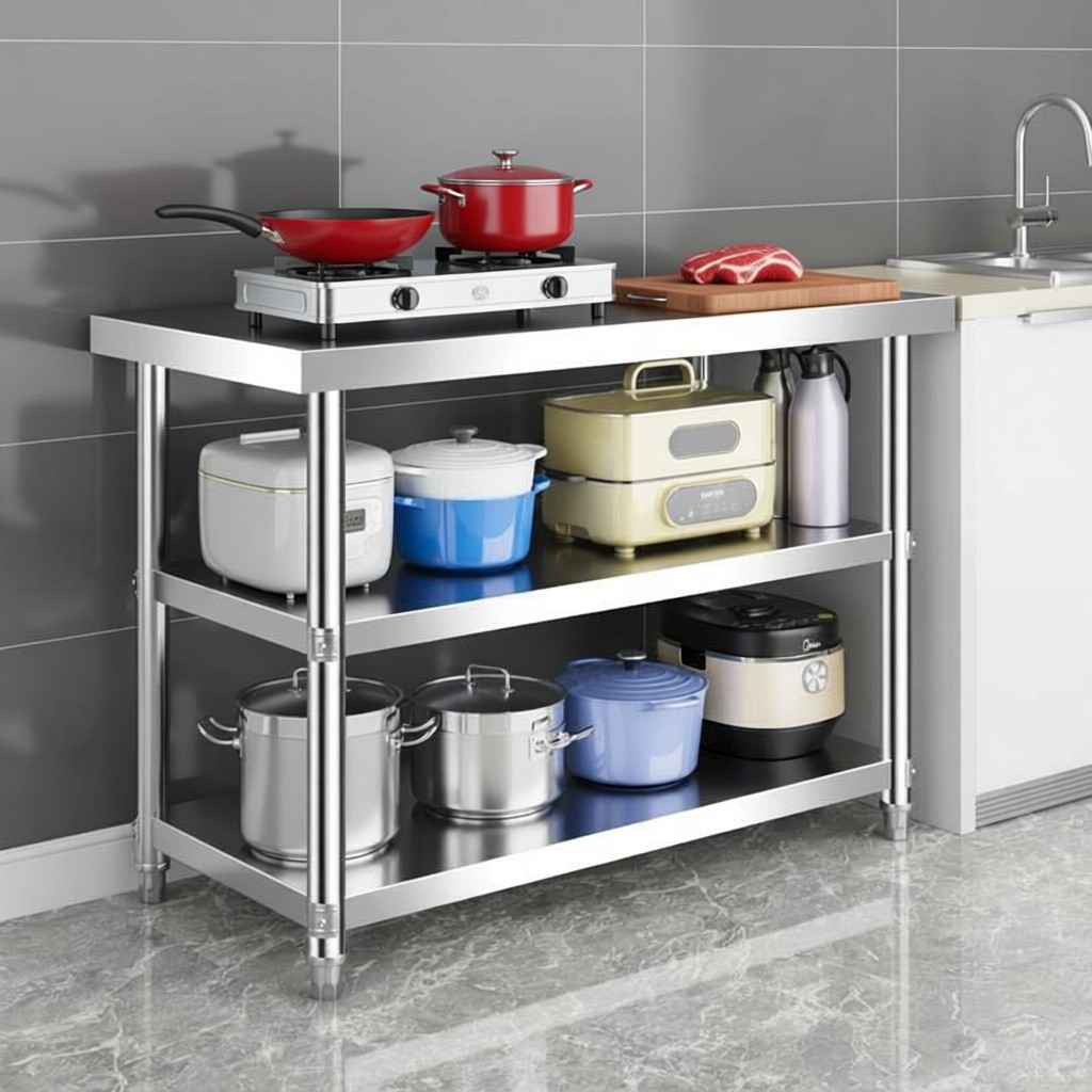 厨房不锈钢台面板加厚商用工作台切菜台三层案板家用燃气灶操作台