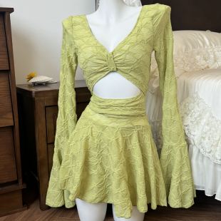 清新显白连体泳衣两件套长袖 新款 镂空温泉海边度假5146 青苹果