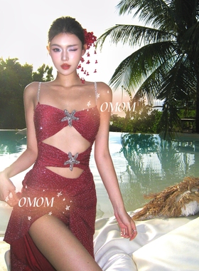 【灿若繁星】高级感红色包臀连体亮闪闪水钻温泉度假泳衣4170