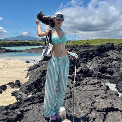 2026薄荷蓝海岛度假bikini大胸比基尼三件套三亚海边泳衣6097