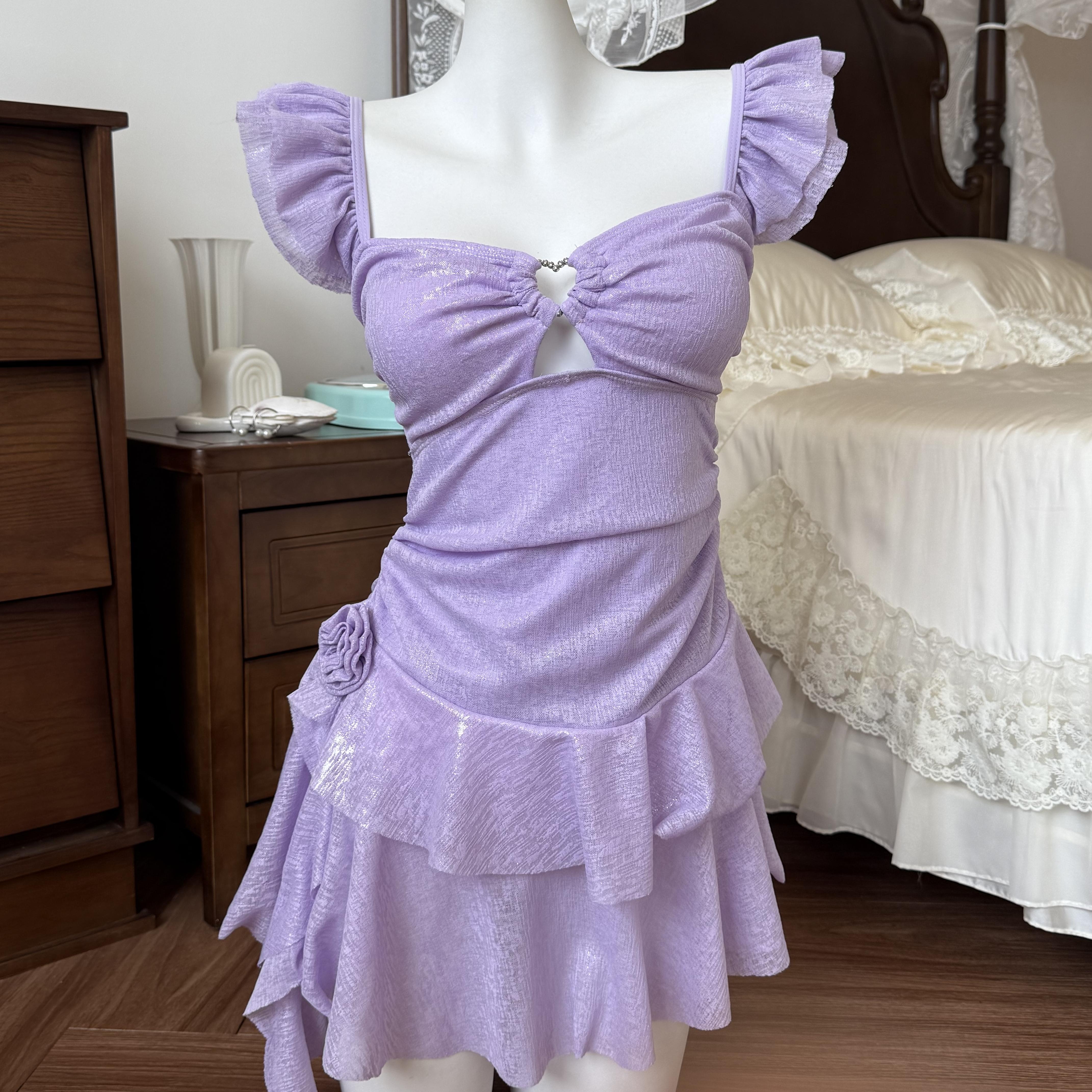 紫色纯欲风荷叶边裙式泳衣两件套保守显瘦泡温泉沙滩度假泳装2567