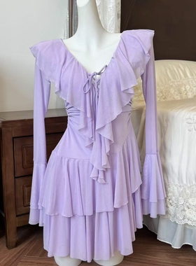 【芋泥清晨】荷叶边领口保守显瘦裙式泳衣泡温泉海边度假泳装5145