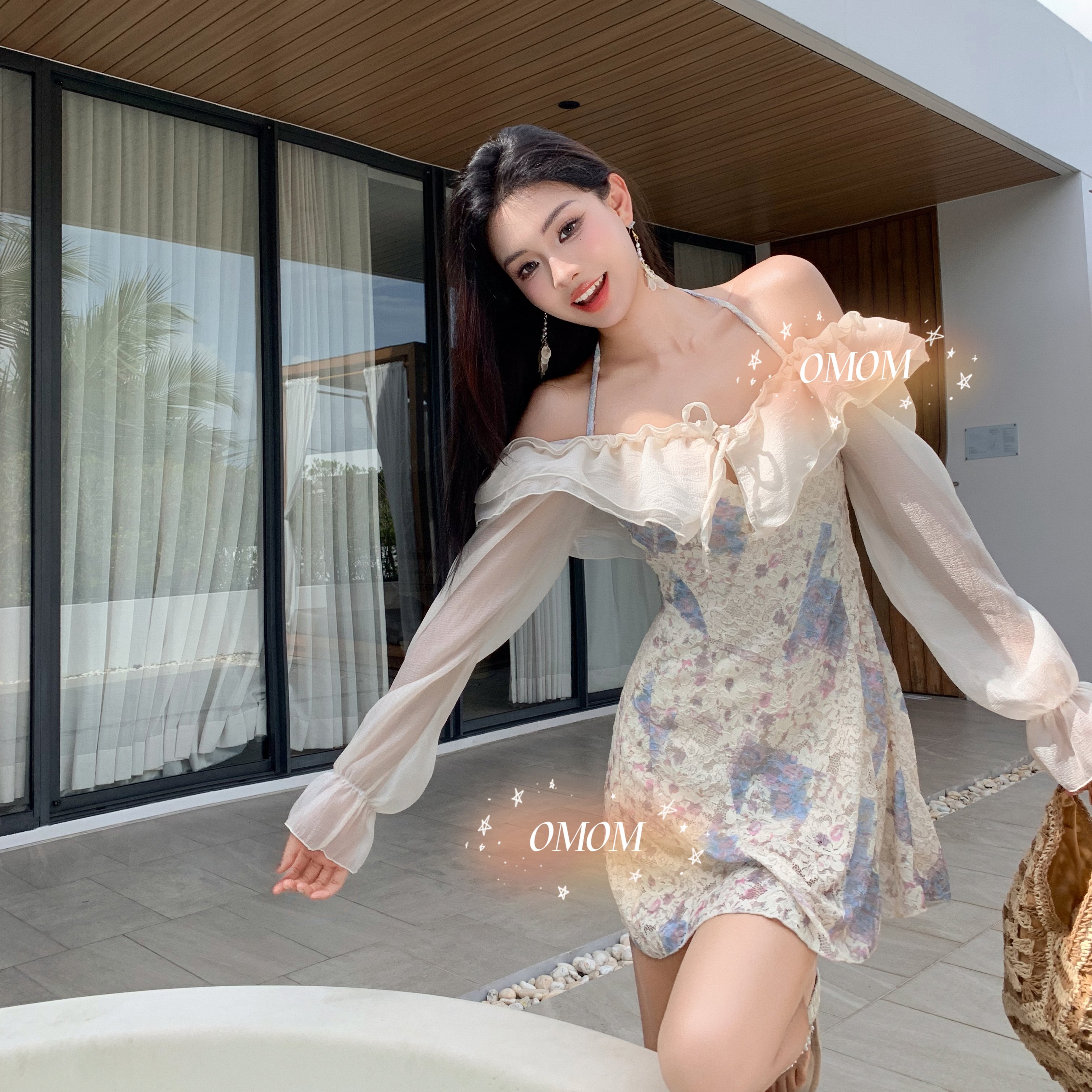 【奇迹】法式一字肩裙式泳衣荷叶边长袖显瘦泡温泉度假泳衣5121