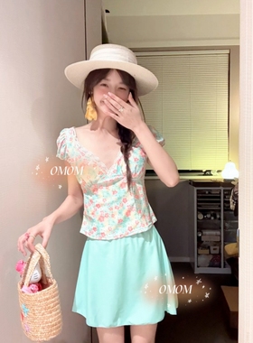 海岛少女夏日清新碎花分体泳衣三件套显瘦裙温泉海边度假泳装5129