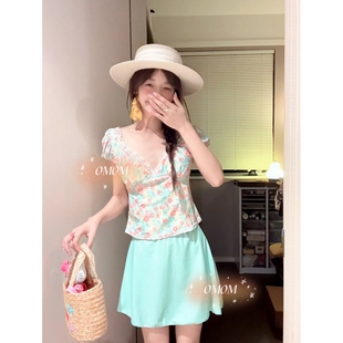 海岛少女夏日清新碎花分体泳衣三件套显瘦裙温泉海边度假泳装 5129