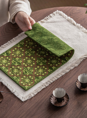 晓月山房手工刺子绣窗花双层茶席棉麻茶桌垫中式禅意37*22.5cm