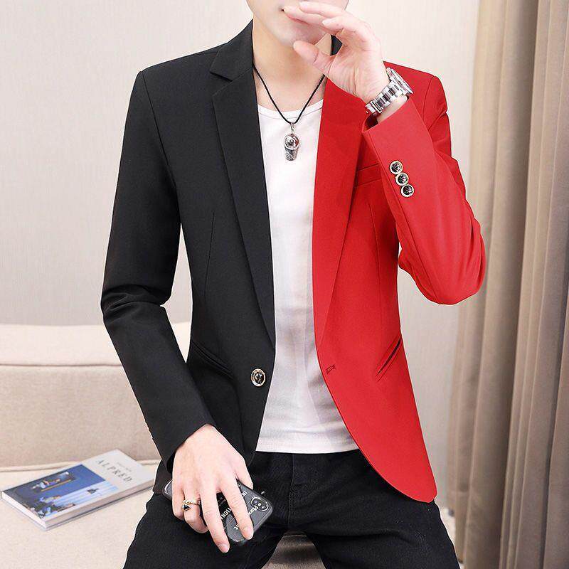 男士小西装春季韩版潮流拼色西服青少年新款长袖修身单西上衣外套