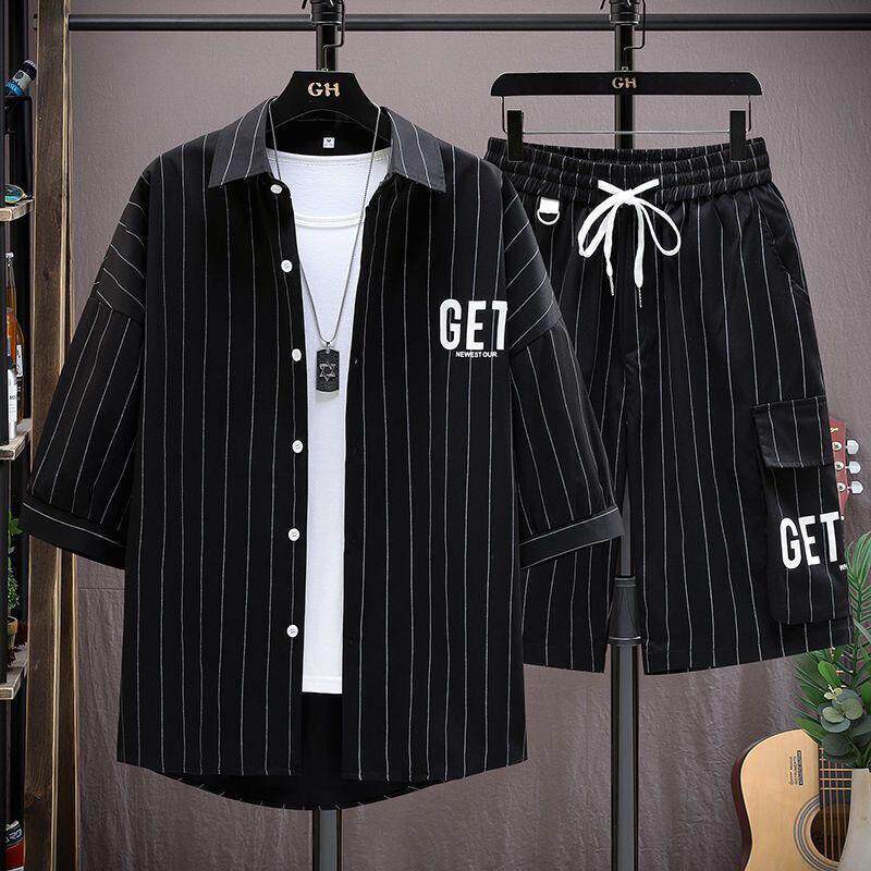 加肥加大衬衫短裤套装男夏季条纹短袖衬衣高级感男装搭配一套帅气
