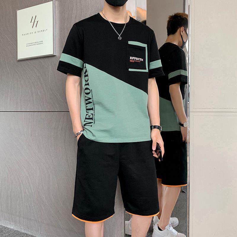 休闲运动套装男士夏季一整套短袖短裤男装一套搭配帅气纯棉t恤男