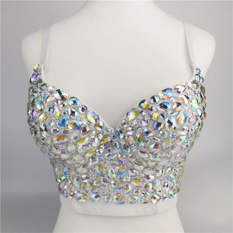 Women AB Colored Rhinestone Bustier Crop Top Spaghetti Strap