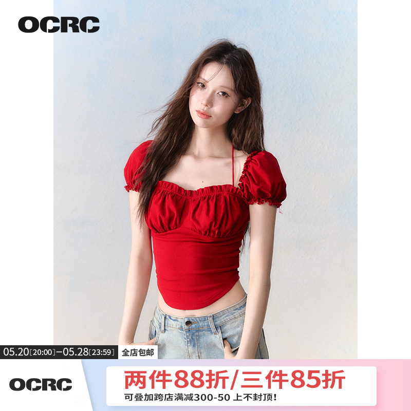 OCRC Official红色挂脖辣妹短上衣设计感修身显瘦露锁骨短袖T恤