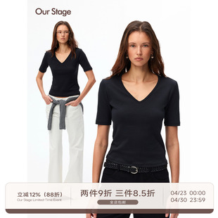 Our Stage 95%有机棉亲肤环保V领上衣女夏修身显瘦中袖纯色T恤