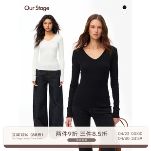 Our Stage 双重亲肤V领春秋修身显瘦棉罗纹长袖T恤打底衫