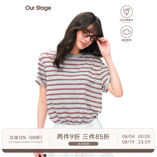 Our Stage  莱赛尔混纺圆领挺括亲肤透气宽松显瘦慵懒落肩条纹T恤