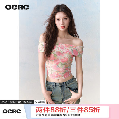 OCRC Official 一字肩定制网纱印花针织短袖氛围感带围脖粉色上衣