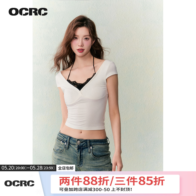 OCRC Official甜辣风蕾丝拼接短袖T恤女夏修身显瘦挂脖短款上衣