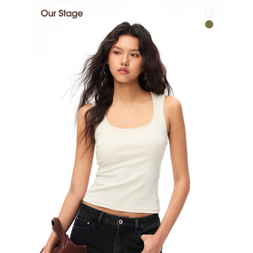 Our Stage 95%有机棉亲肤环保夏季方圆领修身显瘦白色背心吊带