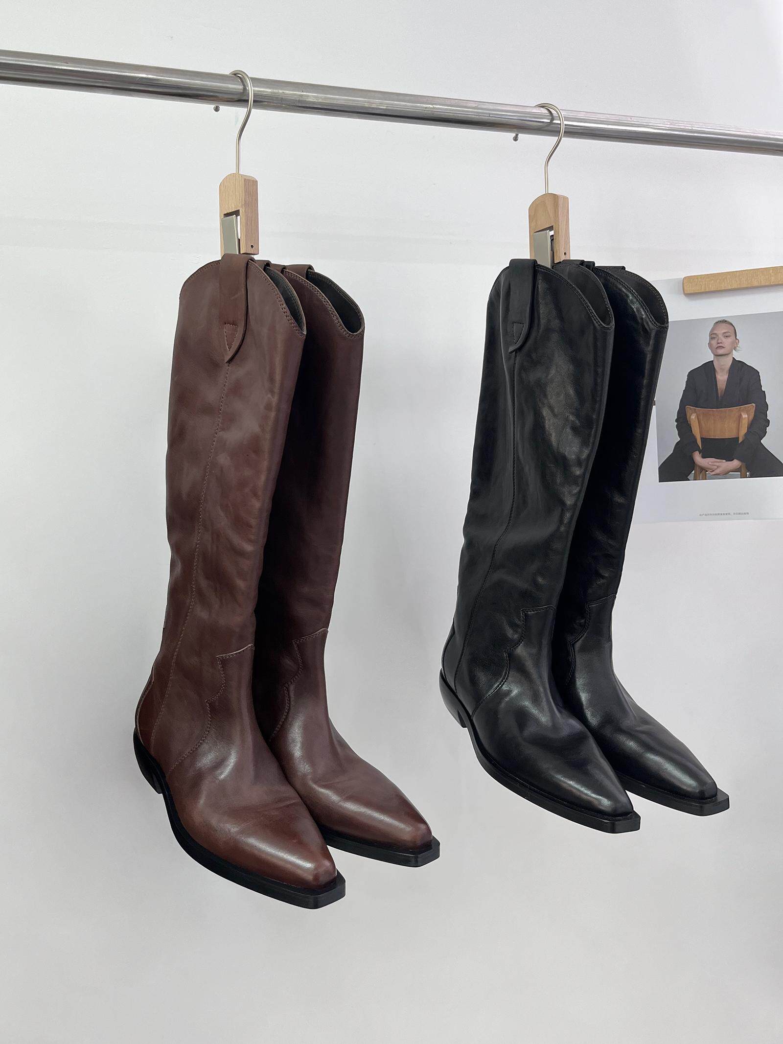 INTHECHIC 오리지널 V 입 포인티드 토 두꺼운 힐 카우보이 부츠 말가죽 웨스턴 부츠 나이트 부츠 숏 부츠 여성용 두꺼운 다리 부츠