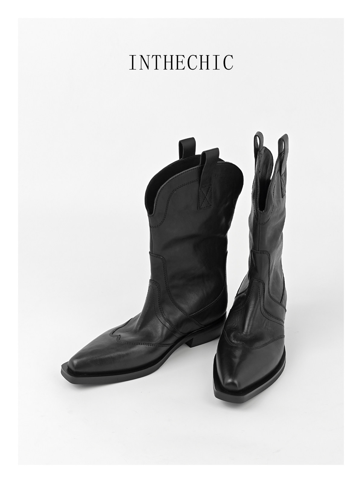 INTHECHIC 오리지널 V 입 포인티드 토 두꺼운 힐 카우보이 부츠 말가죽 웨스턴 부츠 나이트 부츠 숏 부츠 여성용 두꺼운 다리 부츠