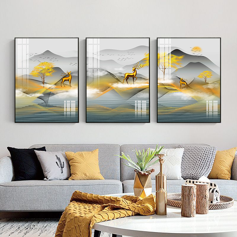 轻奢金色麋鹿山水三联画客厅沙发背景墙新中式立体晶瓷装饰画