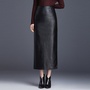 真皮裙子半身裙女秋冬2026新款中长款开叉包臀裙绵羊皮高腰一步裙