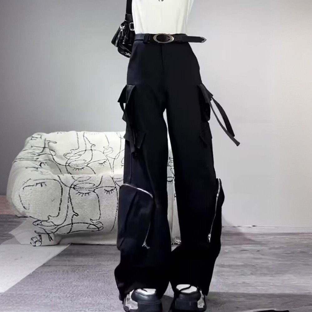 美式黑色辣妹工装裤女春夏季hiphop高腰宽松显瘦直筒阔腿休闲长裤