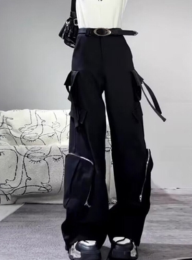 美式黑色辣妹工装裤女春夏季hiphop高腰宽松显瘦直筒阔腿休闲长裤