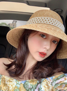 草帽女夏季珍珠麦秆盆帽