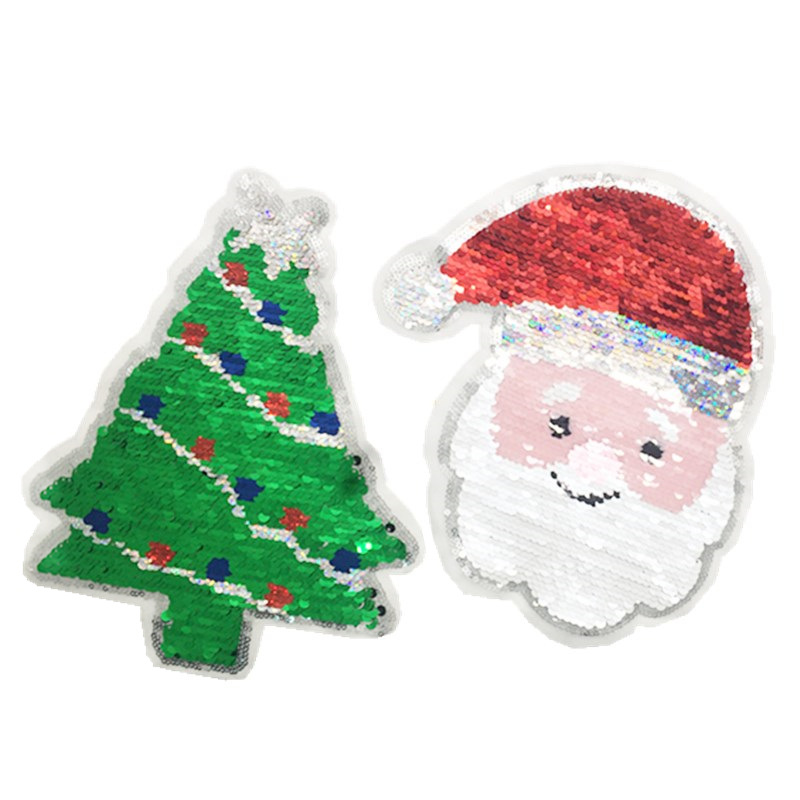 刺绣珠片翻片圣诞老人圣诞树亮片T恤装饰破洞布贴补丁贴