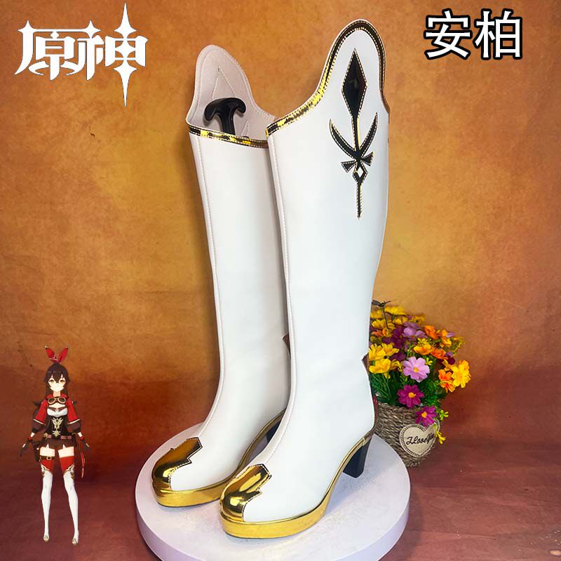 原神 安柏cosplay鞋少女萝莉动漫漫展游戏配套白色高跟演出长筒靴图片