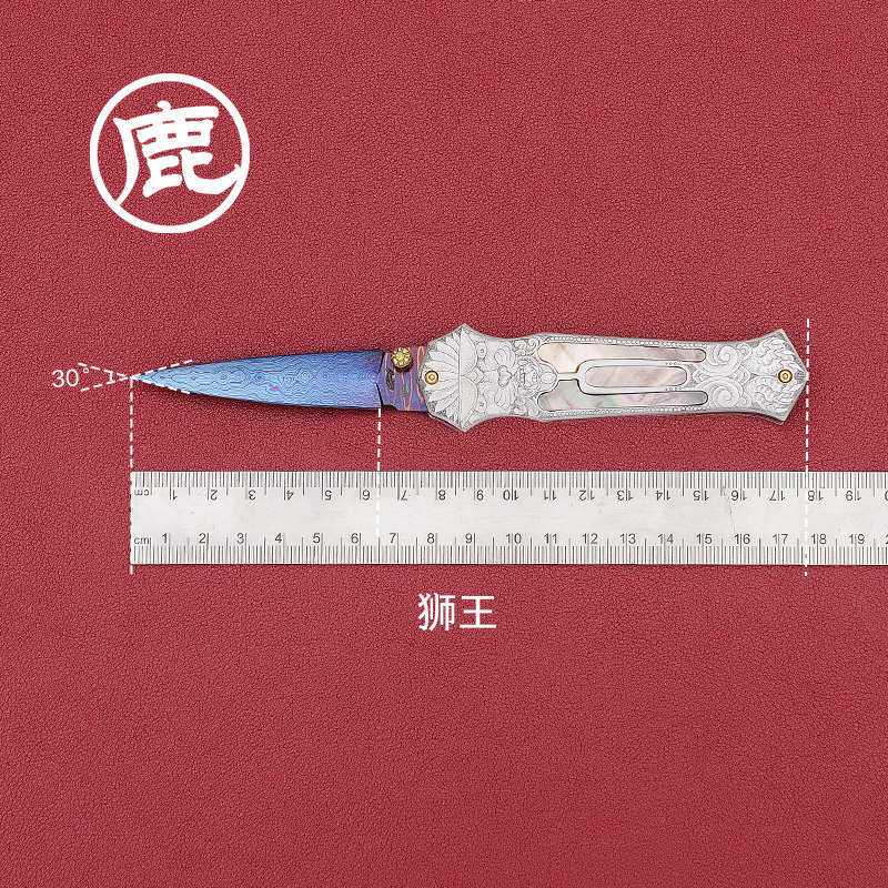 美国刀匠舒恰特手工制作大马士革小折刀野营露营工具装备狮王折刀