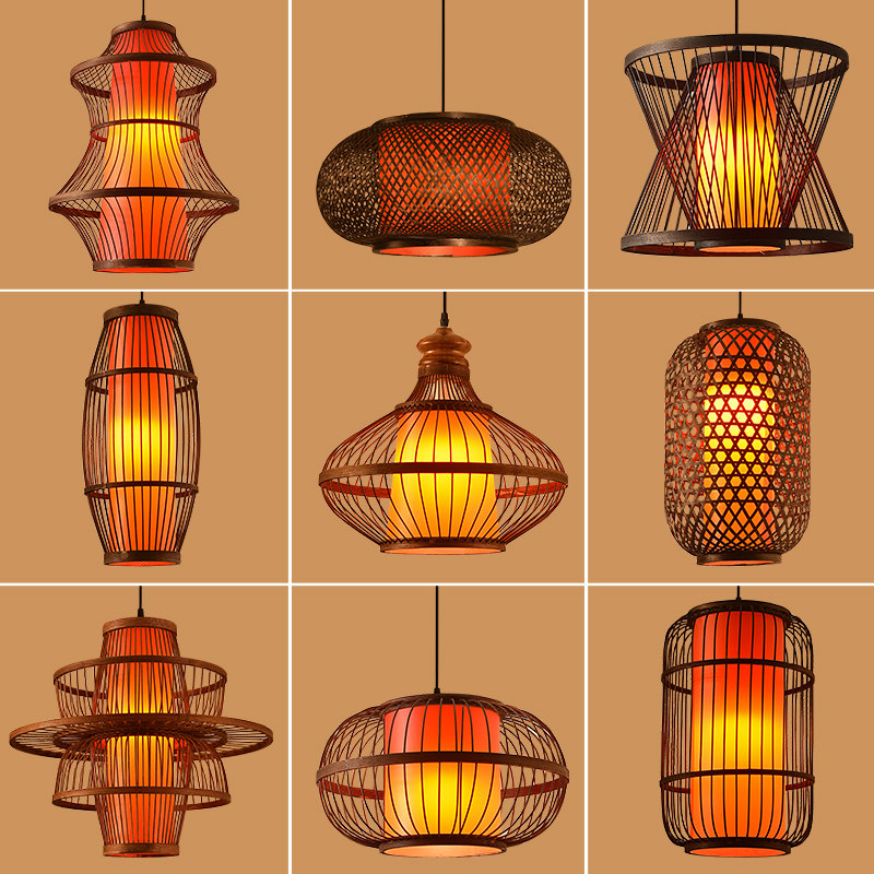 现代中式咖啡色竹编吊灯禅意茶室饭店餐厅火锅店竹灯黑色竹艺灯饰