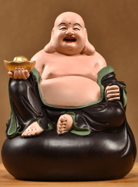 黑檀木雕弥勒佛彩绘实木