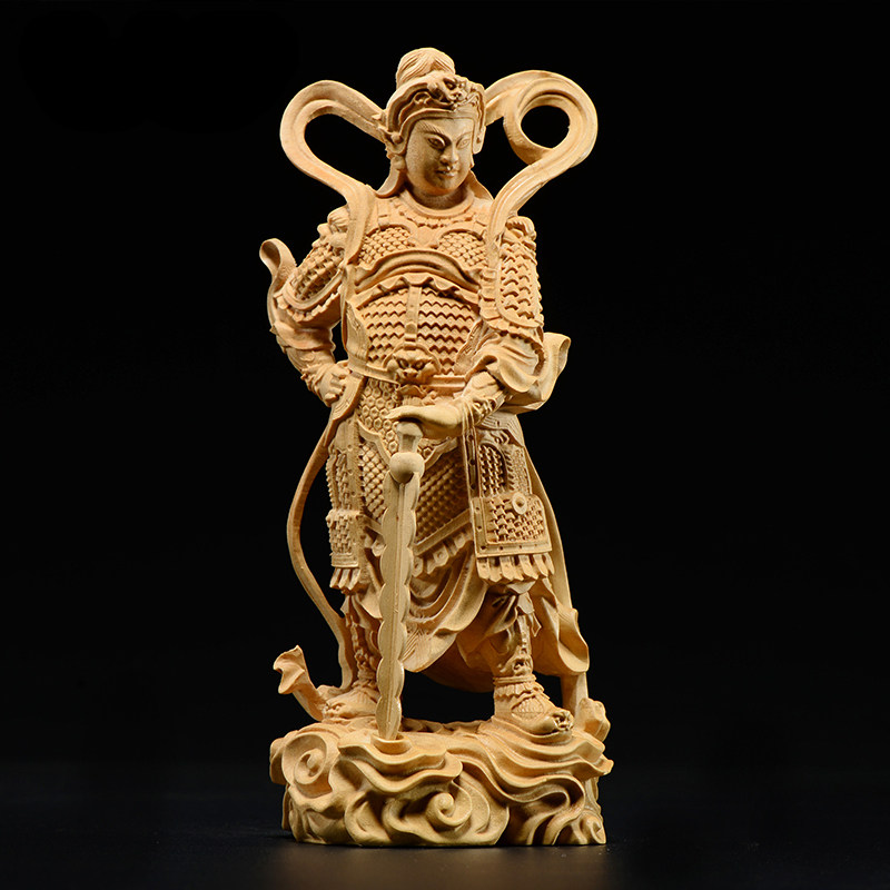 黄杨实木雕刻韦陀摆件木头左右护法神像红木家居客厅装饰工艺礼品