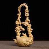 小叶黄杨木雕刻东坡提梁壶茶壶红木摆件家居中式 饰品工艺品 装