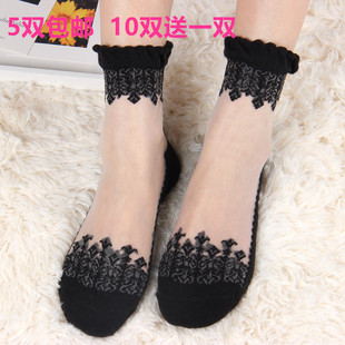 团购薄款冰丝棉底防滑水晶女袜蕾丝花边绣花玻璃丝短中筒韩国袜子