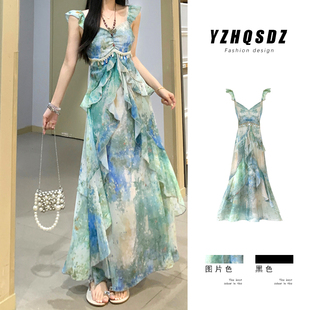高级感气质收腰显瘦长裙 2025新款 法式 印花超仙吊带连衣裙女春夏季