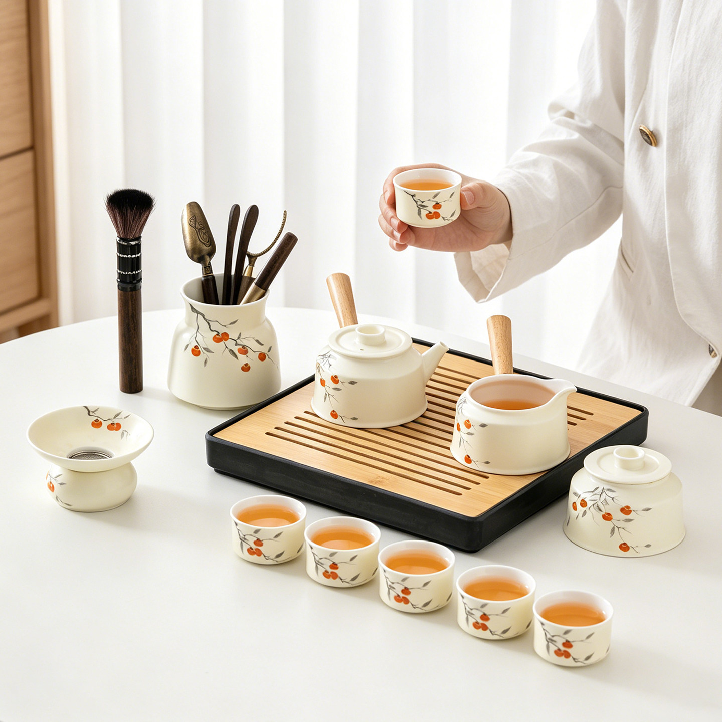 瓷恒堂功夫茶具套装家用防烫办公室简约中式款柿柿如意茶道创意款