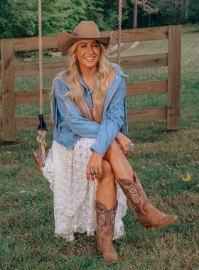 美国代购Dan Post女士棕色高筒牛仔靴白色刺绣尖头中跟西部风皮靴