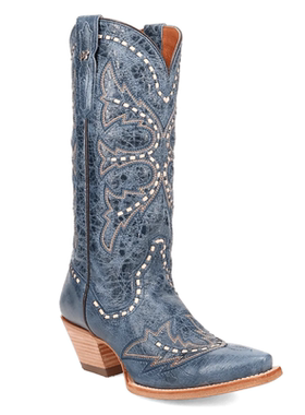 美国代购Dan Post女款蓝色做旧绣花牛仔靴尖头中跟西部靴复古