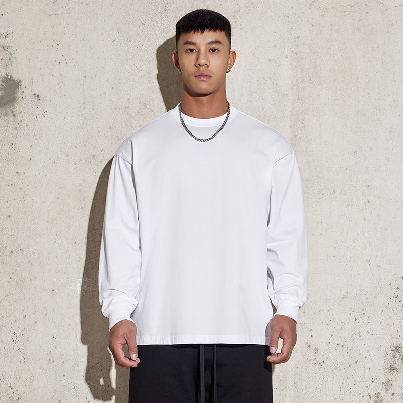 美式重磅长袖T恤男纯棉纯色宽松春秋款卫衣圆领白色内搭打底衫男