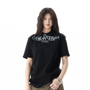 大码 潮牌字母印花图案纯棉短袖 男士 百搭新款 高级感ins T恤男女夏季