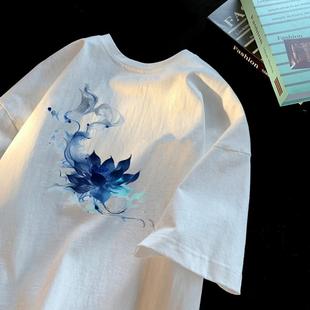 百搭印花流行圆领宽松情侣半袖 重磅纯棉短袖 2025新款 好运莲莲