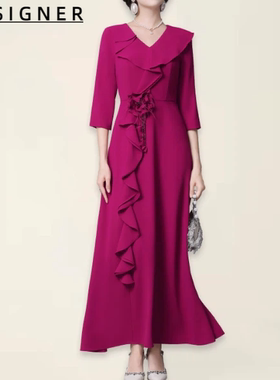 D E S I G N E R香港掐腰连衣裙2025新款红色荷叶边长款礼服裙子