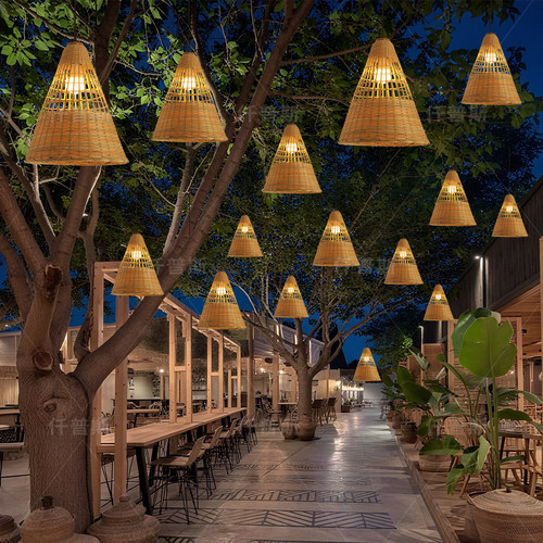 餐厅竹编吊灯中式禅意茶室吧台餐桌灯酒店民宿户外防水挂树竹艺灯