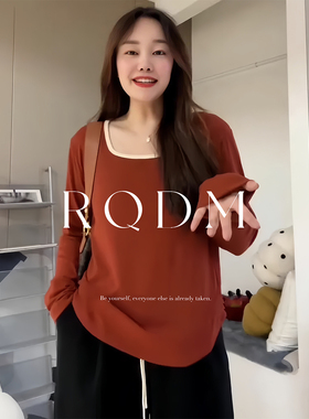 大码方领拼色长袖正肩T恤女2026春秋打底衫胖mm宽松遮肚显瘦上衣